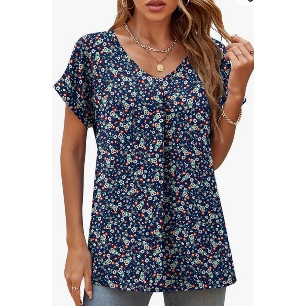 UVPLOVE Chiffon Vneck Floral Blouse Navy Size M